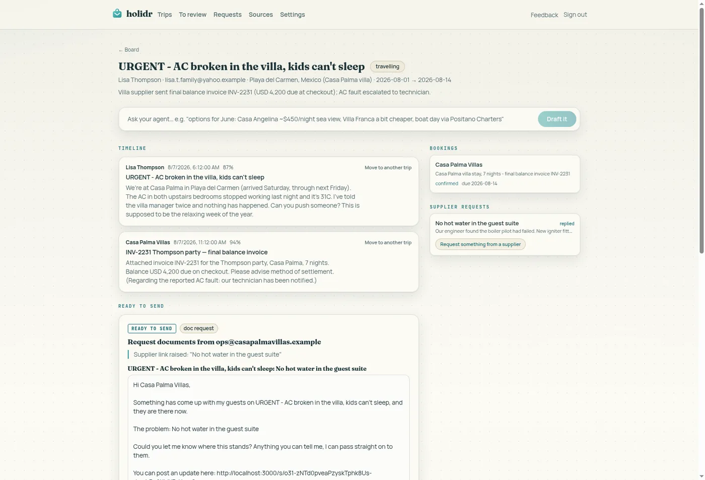 A trip record: email timeline, bookings, and attached documents