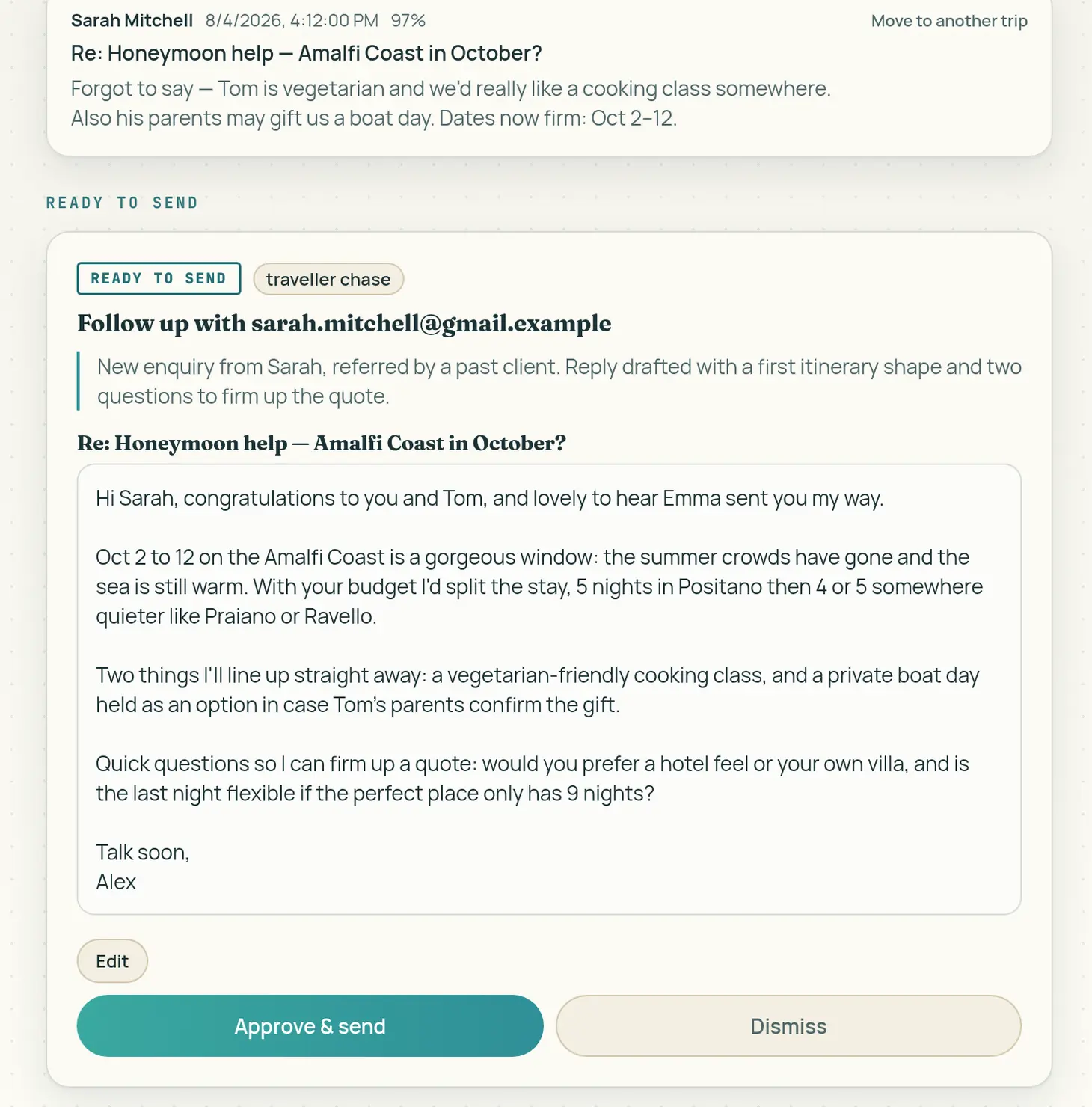 A drafted reply waiting at the end of the trip timeline, marked Ready to send