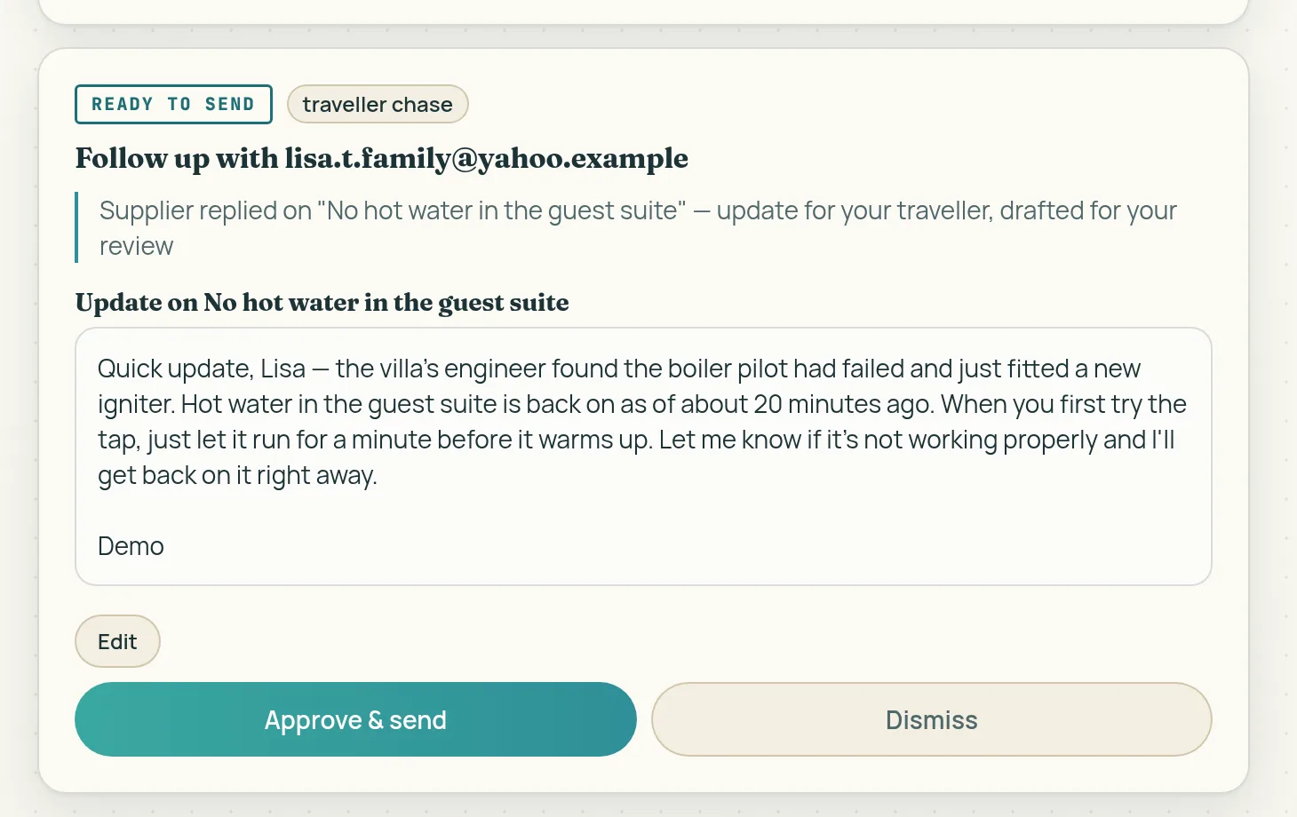 The drafted guest update, written from the supplier reply, waiting for approval