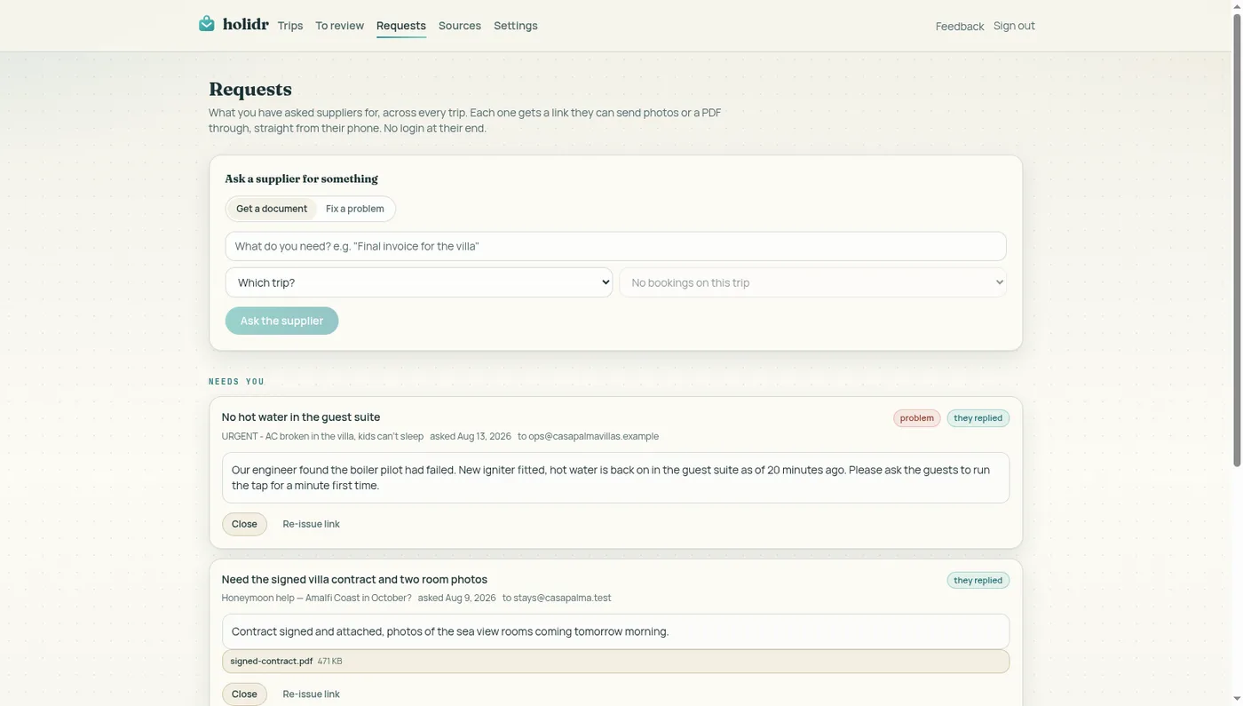 The Requests page: two kinds of ask, and every request across every trip in one place