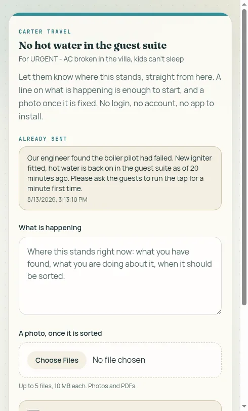 What the villa manager opens: the problem, a status box, a photo button, and an it-is-sorted tick